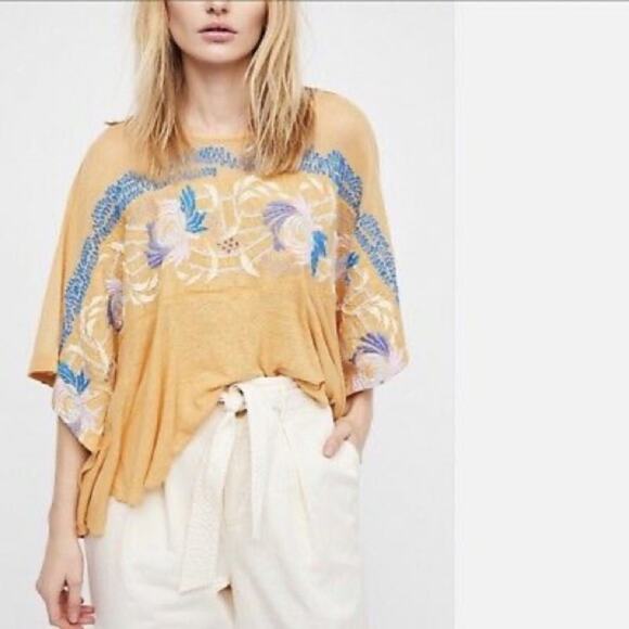 Free people yellow orange embroidered batwing slouch sleeve blouse - Picture 3 of 3